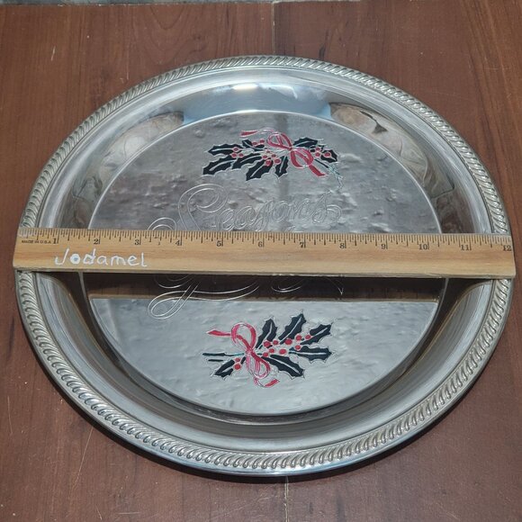 International Silver Plated Seasons Greetings Metal Serving Platter Holly Berrie - Picture 10 of 14